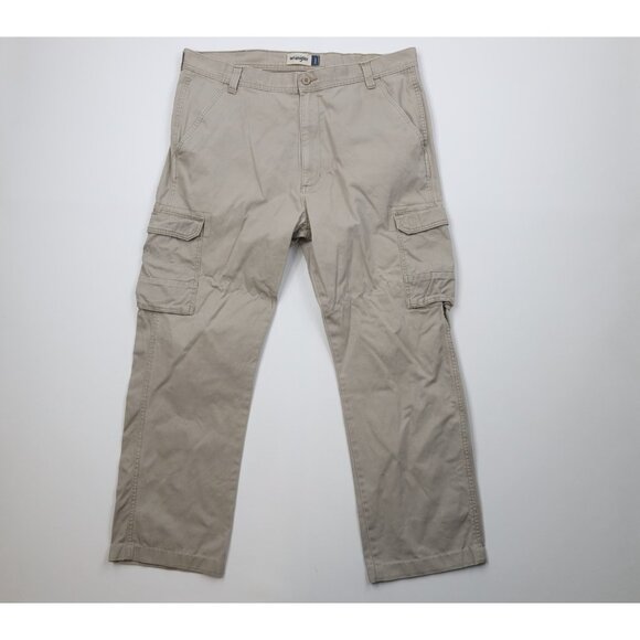Vintage Y2K Wrangler Mens 38x31 Faded Baggy Wide Leg Cargo Pants Beige Cotton - Picture 1 of 12